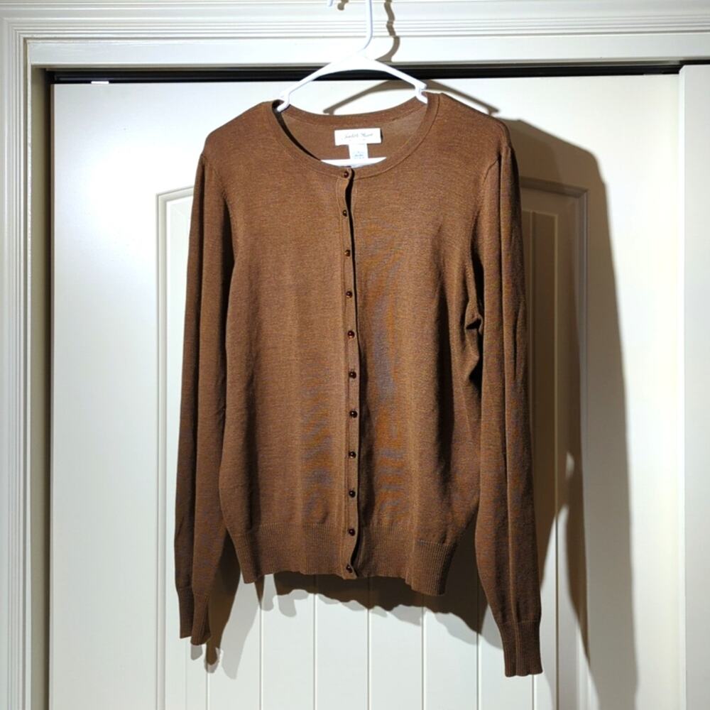 Judith Hart Brown Wide Ribbed Hem and Sleeved Silk Blend Cardigan Women's Sz L